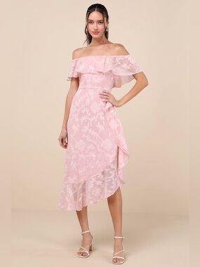 NWT Lulus Pretty Perfect Blush Burnout Floral Off-the-Shoulder Midi Dress XS